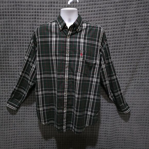 Button Long Sleeve Collared Shirt Mens Lg Green Plaid Holiday Lightweight Logo - Picture 1 of 16